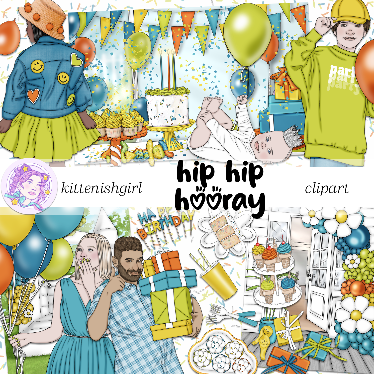 hooray hand lettering with crocodile with balloons and cake clip 