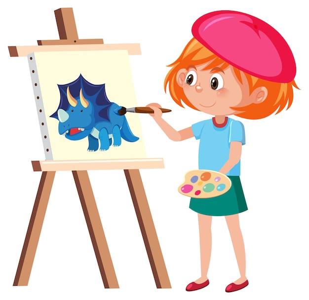 Clipart of a Cartoon Caucasian Girl Painting a Flower on Canvas - Clip ...