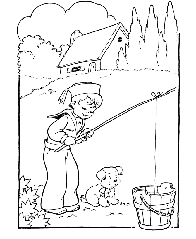 boy coloring pages fishing in bucket printable kids