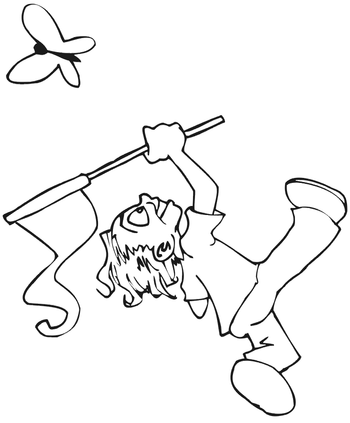 summer coloring page of boy chasing butterfly