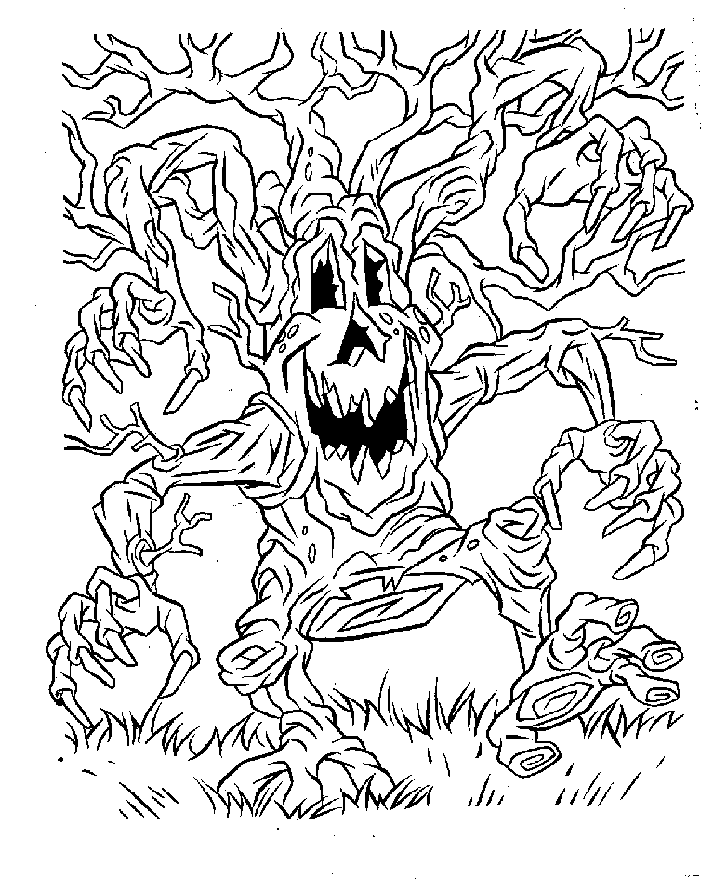 Scary Tree With Face Halloween Ghosts Witches and Pumpkins