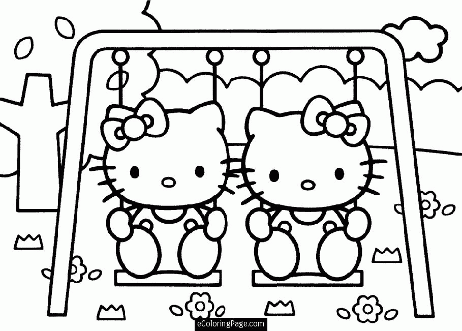 Hello Kitty and Her Twin on a Swing Printable Coloring for Girls