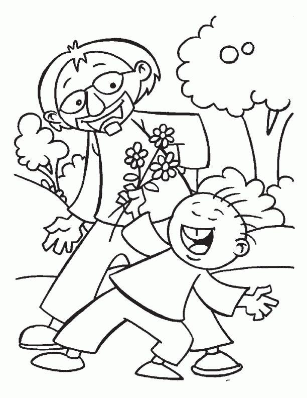 Making fun with father in a garden coloring page | Download Free