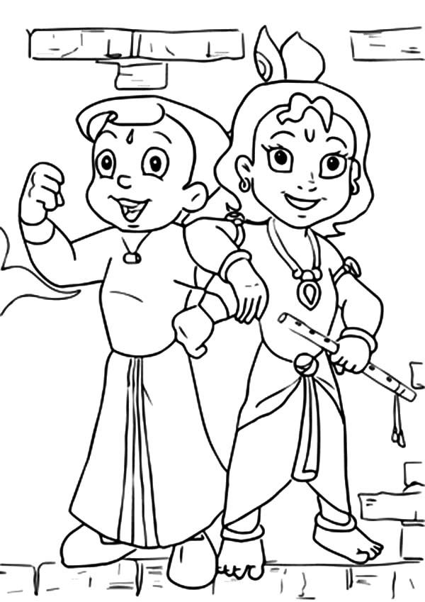 Bheem Holds out Two Fingers Coloring Page  ColoringAll