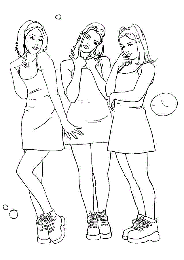 coloring sheet of 3 cute girls  