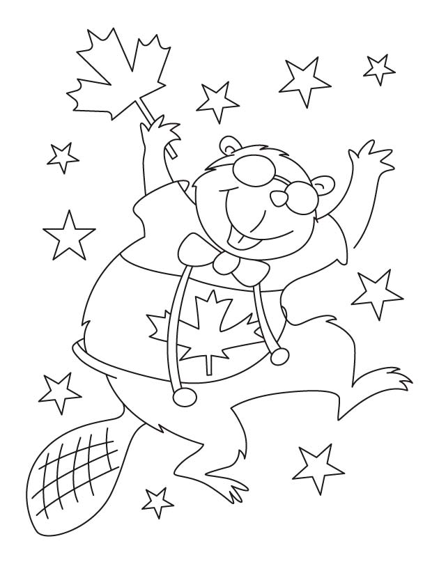 Happy beaver waving Canada flag coloring pages | Download Free