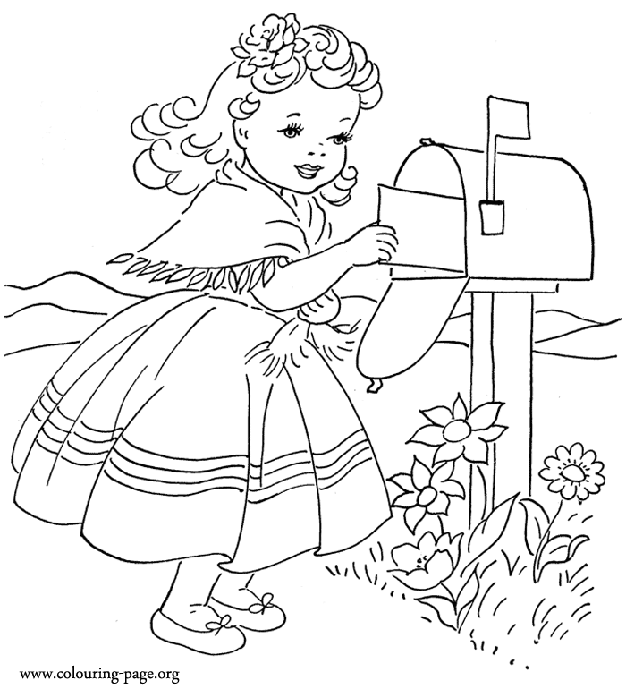 Valentines Day - Cute little girl sending a love letter coloring page
