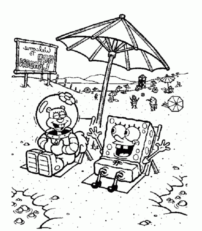 Spongebob And Sandy On The Beach Coloring Pages: Spongebob