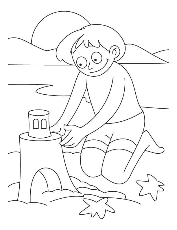 A boy making castle with sand on the beach coloring pages