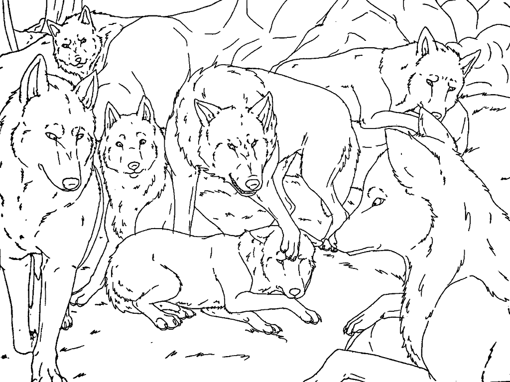 anime wolves fighting lineart
