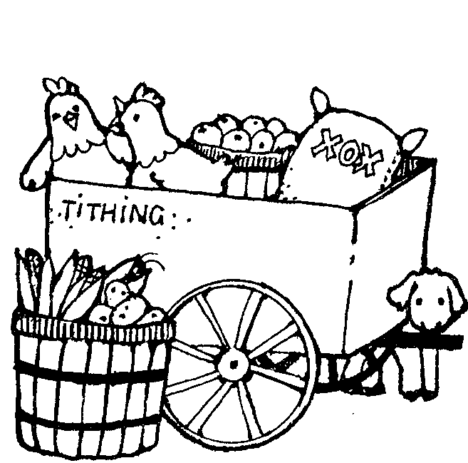A cartoon-style cart labeled "TITHING" filled with produce, chickens, and a sack marked "XOX", pulled by a dog.
