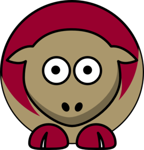 Cartoon sheep with large eyes, red hood and hooves, set against black background.
