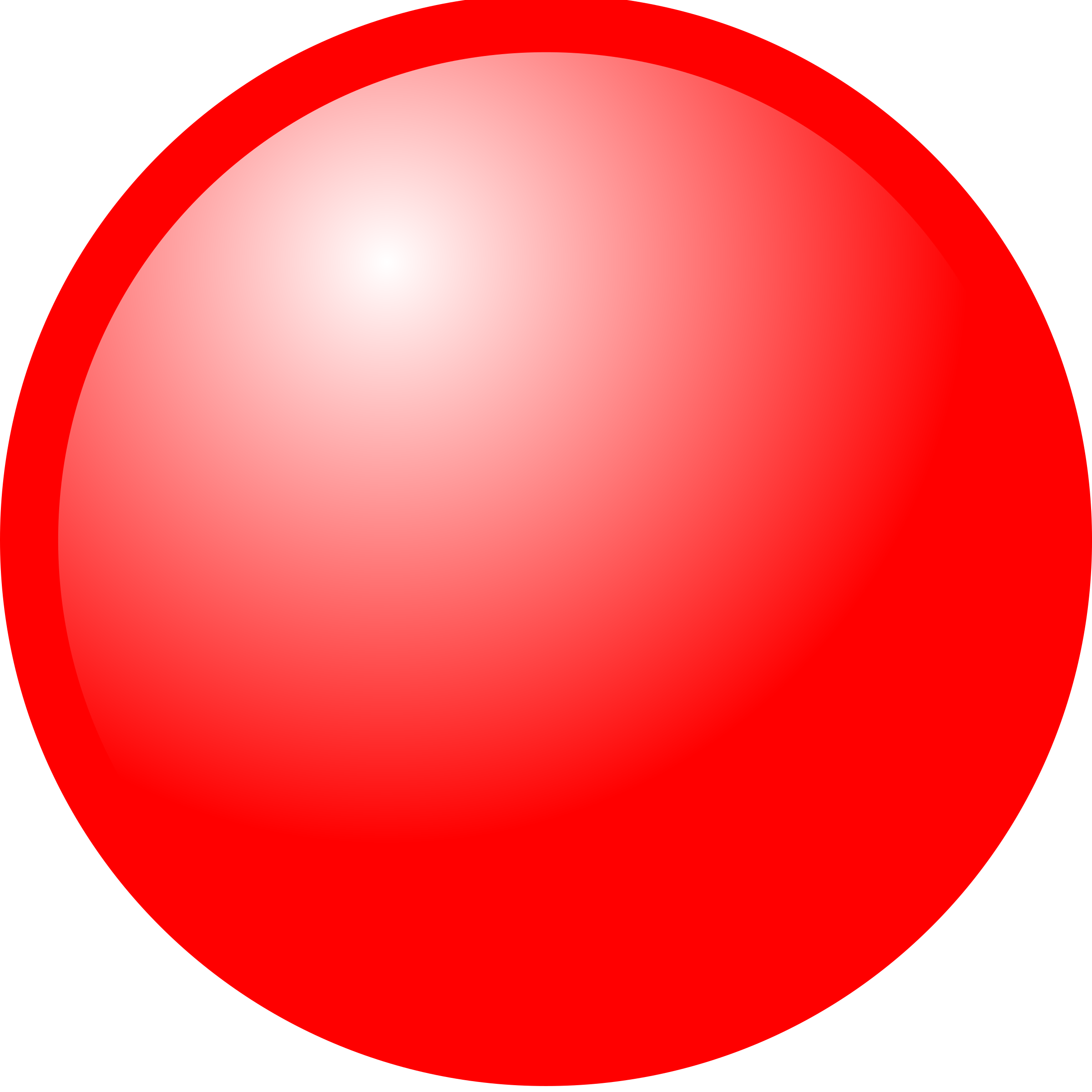 Glossy red circular button with white highlight, isolated on black background