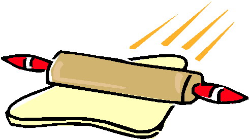 Cartoon rolling pin flattening dough with motion lines indicating speed and action.