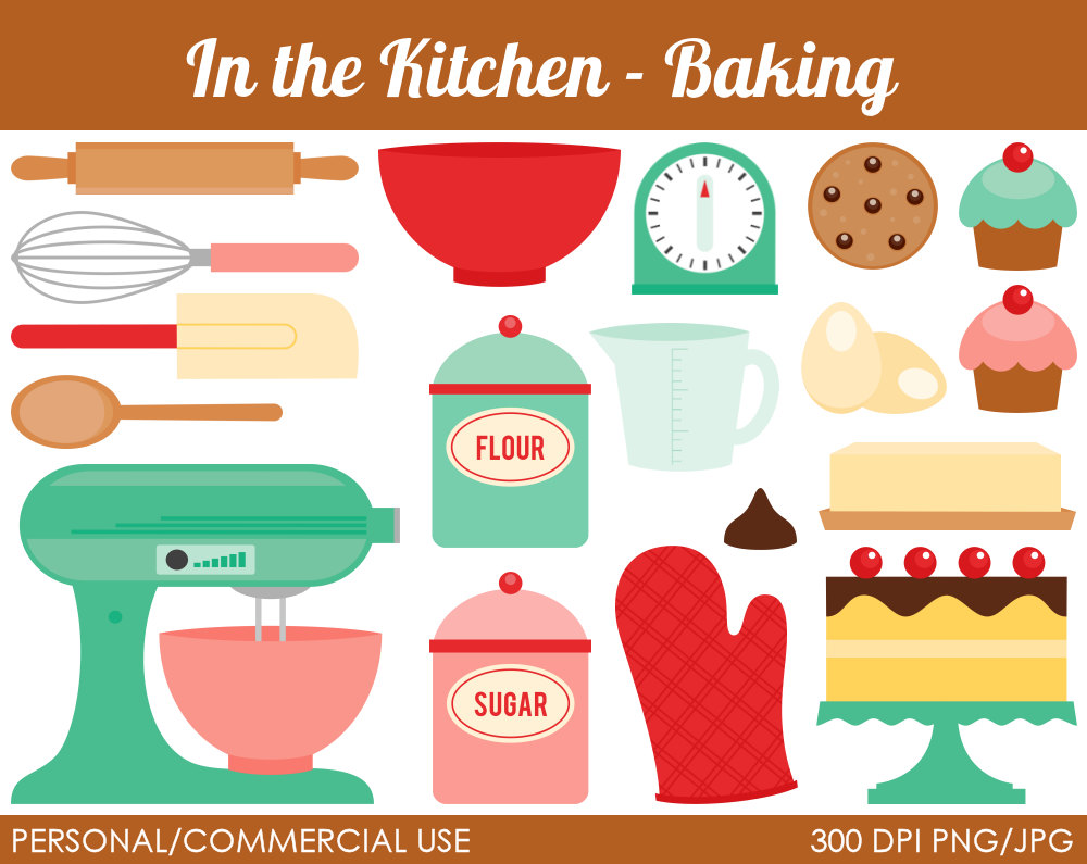 Baking tools and treats illustration including mixer, flour, sugar, cookies, cupcakes, cake, and oven mitt.