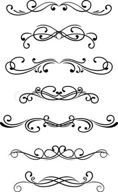 Seven elegant black-and-white ornamental flourish dividers for page decoration and design accents.