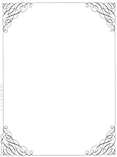 Elegant black-and-white ornamental border with swirling floral flourishes in each corner, framing a blank central space.