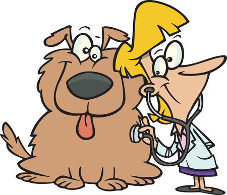 A cartoon veterinarian with a stethoscope examines a happy brown dog.