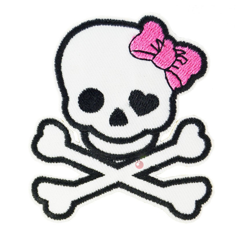 Cute Skull & Crossbones Patch with Pink Bow - Iron-On Embroidered Appliqué