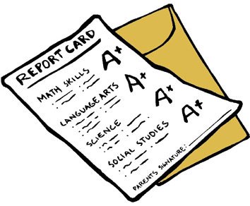 Hand-drawn report card with A+ grades in all subjects, tucked into a yellow envelope.