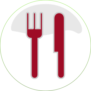 Red fork and knife icon inside a white circle with green border, symbolizing dining or food service.