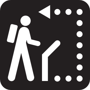 Hiker with backpack following a dotted trail path with directional arrow icon
