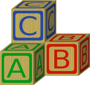 Four colorful wooden alphabet blocks (A, B, C) stacked in a pyramid formation.
