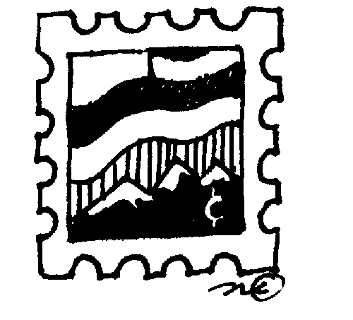 Black-and-white illustrated postage stamp featuring mountains, wavy lines, and a cent symbol in the corner.
