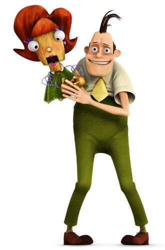 A quirky animated man in green overalls holds a wooden puppet with red hair and wide eyes against a white background.