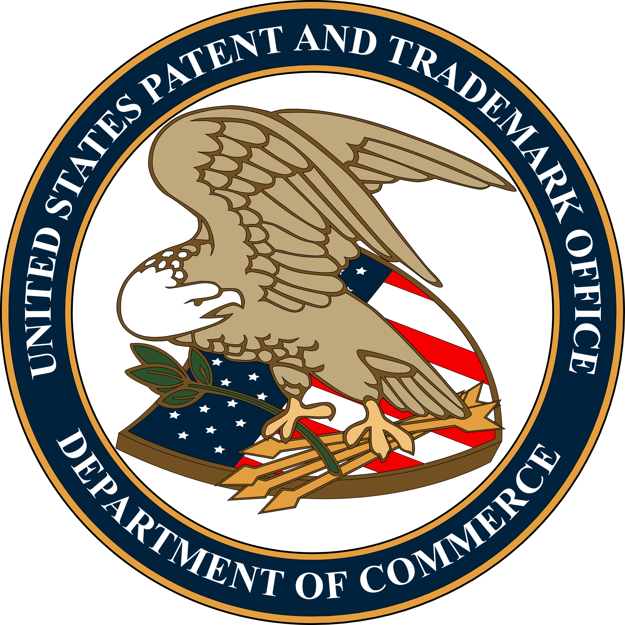Official seal of the United States Patent and Trademark Office (USPTO), featuring a bald eagle with American flag, olive branch, and arrows.