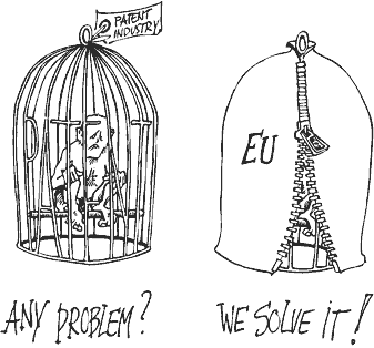 Cartoon contrasting a trapped figure in a "Patent Industry" cage with a zipper-labeled "EU" solution dome.