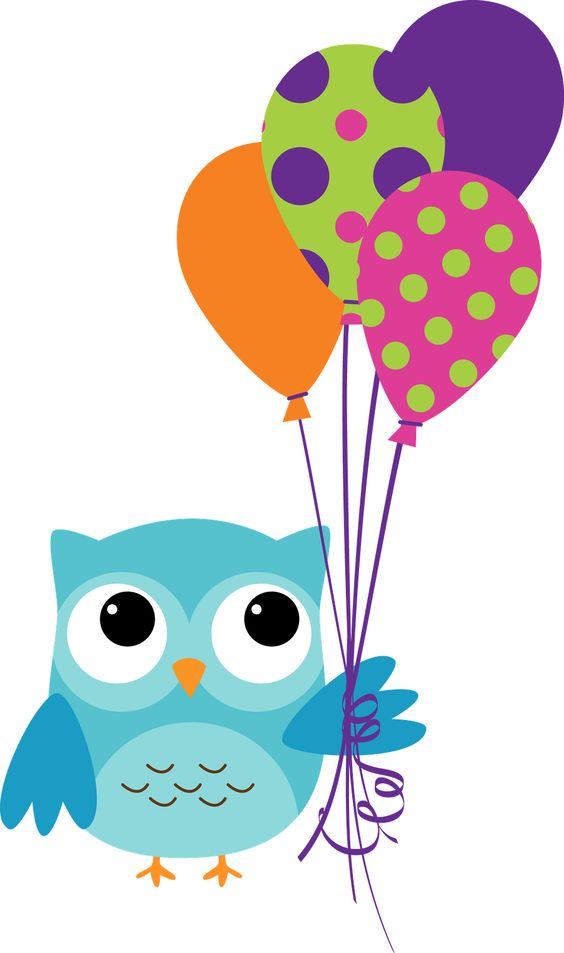 Cute blue cartoon owl holding a bunch of colorful polka-dotted and solid balloons.