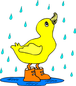 A cheerful yellow duckling wearing orange rain boots stands in a puddle under falling blue raindrops.