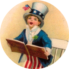 A patriotic child in Uncle Sam hat sings from a "National Hymns" book, holding an American flag and wearing red-white striped pants.