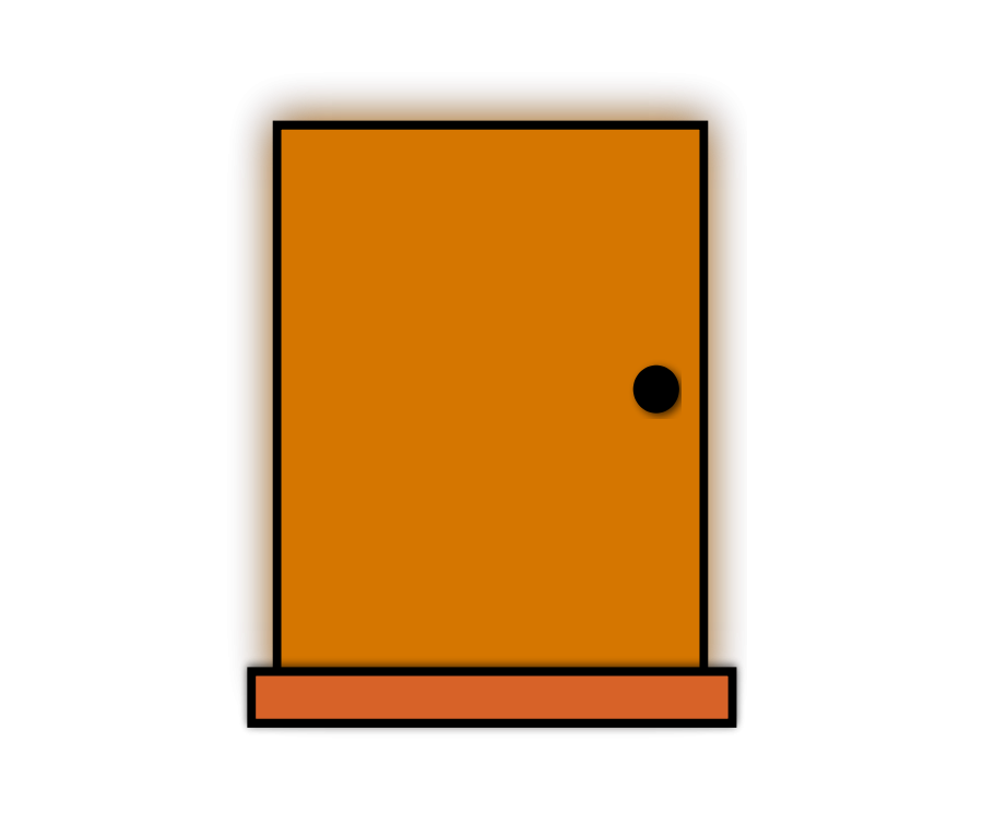 Simple orange door with black doorknob and glowing outline on black background.