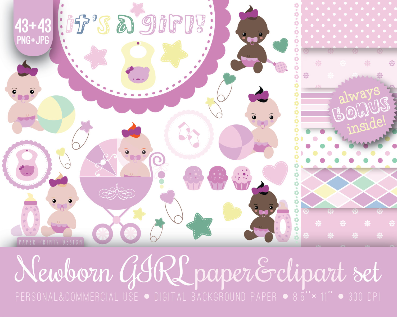 Cute newborn girl clipart set with babies, strollers, bibs, and pink/purple digital papers for baby showers and invitations.