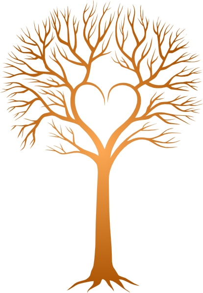 Bare orange tree with branches forming a heart shape in the canopy, symbolizing love and nature.