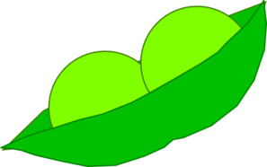 A bright green pea pod open to reveal two plump, round peas inside, illustrated in a simple cartoon style.