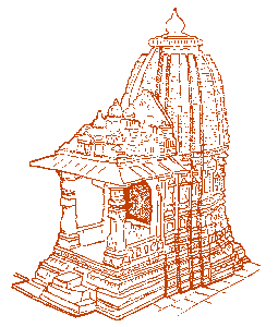 Line drawing of a traditional Indian temple with intricate carvings, shikhara spire, and mandapa hall.