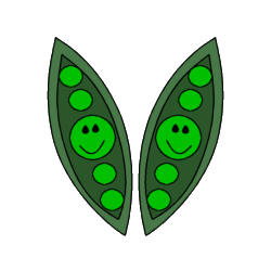 Two cheerful green pea pods, each containing smiling peas and round peas, illustrated in a friendly cartoon style.