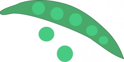 A green pea pod with six peas inside and two loose peas below, illustrated in a simple flat design style.