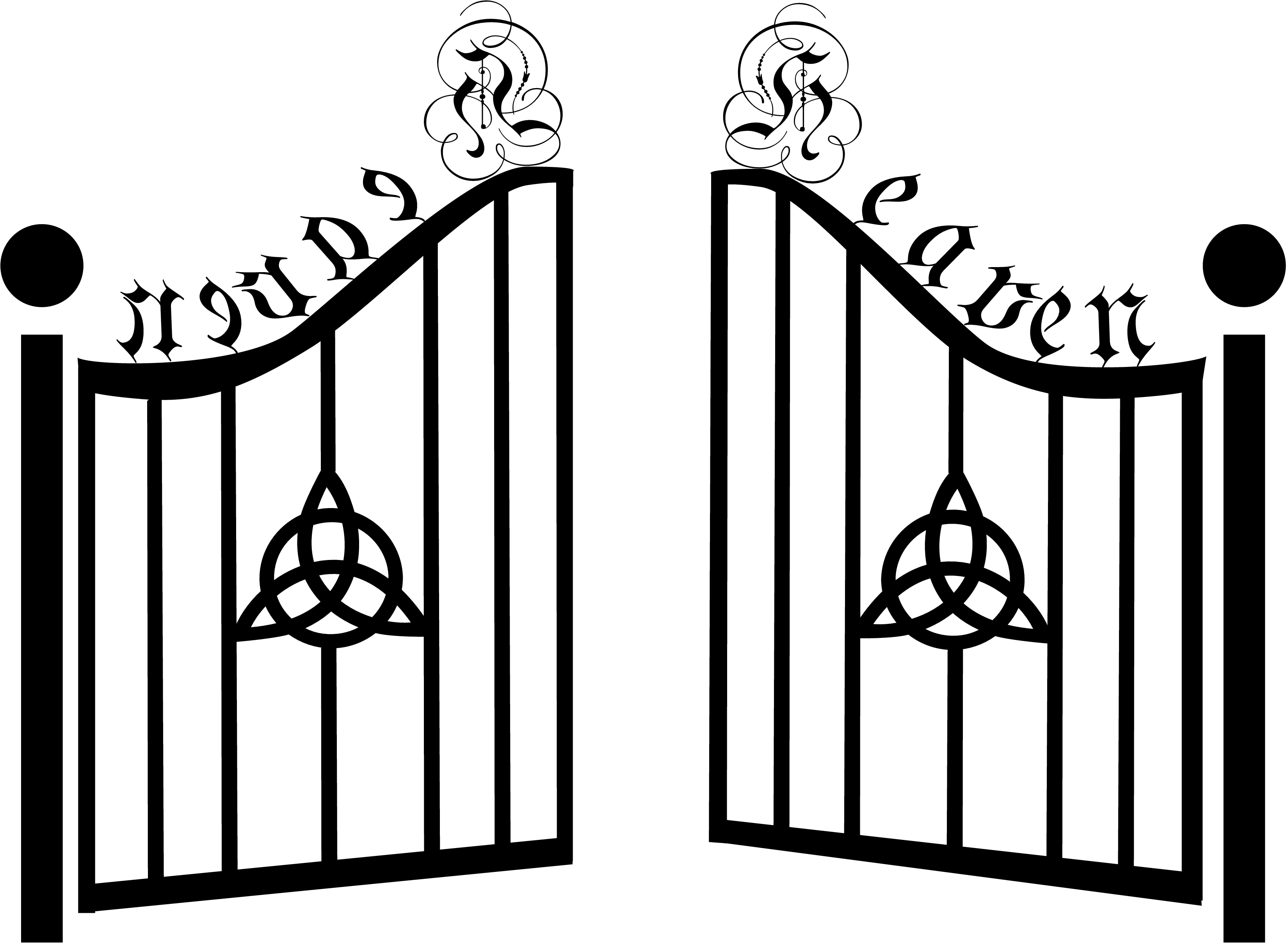 Ornate wrought-iron gate with "Your" and "Here" in Gothic script, Celtic knots, and decorative finials.