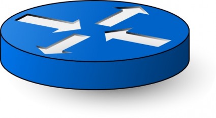 Blue cylindrical network router icon with four white outward-pointing arrows indicating data flow.