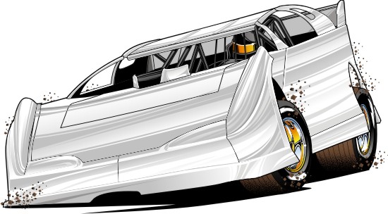 Stylized white race car with exaggerated aerodynamic body, yellow wheels, and dynamic motion splatter effect.