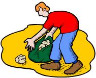 A person in a red shirt and blue pants bends to pick up litter, placing it into a green trash bag on a yellow ground patch.