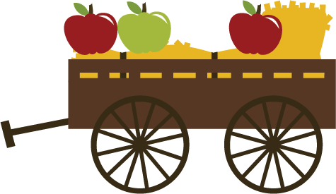 A wooden wagon filled with red and green apples and golden hay, evoking a harvest or farm theme.