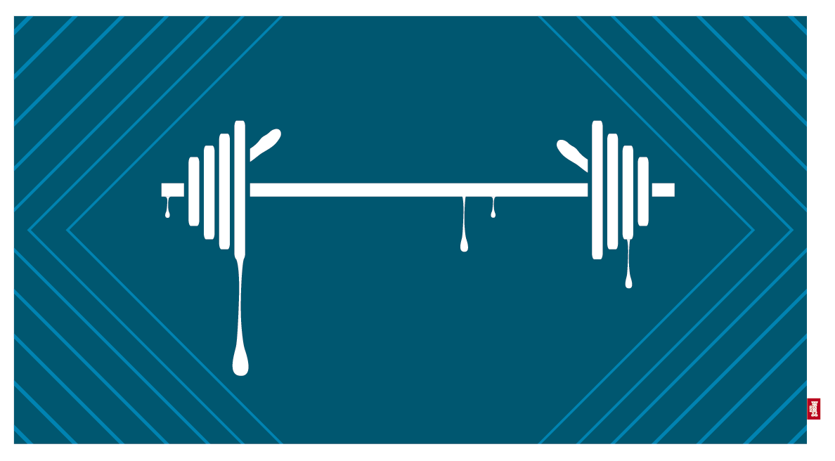 White barbell with honey dripping from weights on a teal geometric background.