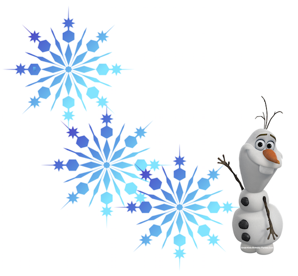 Olaf the snowman from Frozen smiles beside three stylized blue snowflakes on a white background.