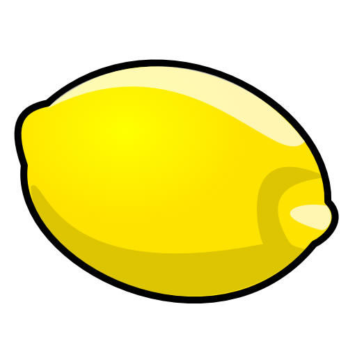 Bright yellow cartoon-style lemon with glossy highlight and bold black outline on white background.