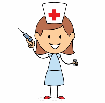 Smiling cartoon nurse holding a syringe and vial, wearing a red-cross cap and blue uniform.